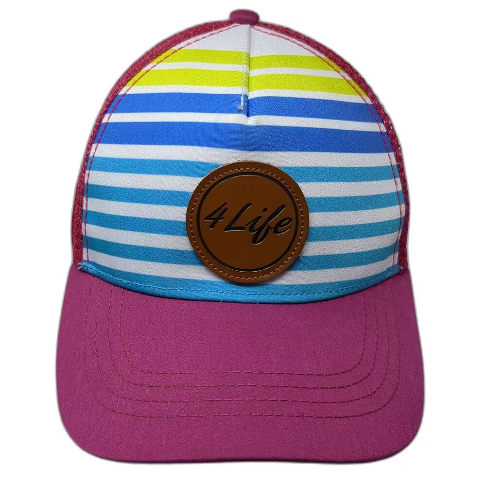 4Life Striped Trucker Hat Pink Blue One Size Patch Mesh Snapback Adjustable Cap